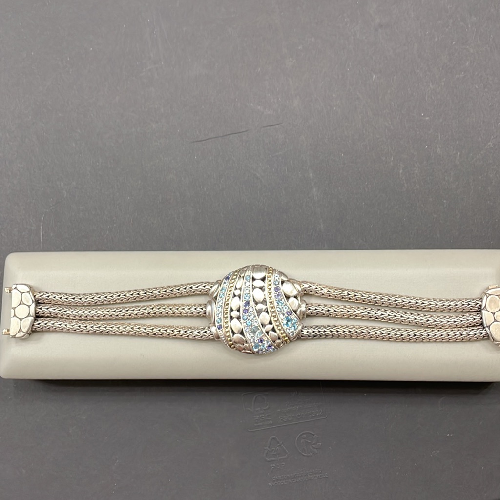 Rare John Hardy Lavafire Triple Strand Iolite Blue Topaz Woven Ss 18k Bracelet 1499$